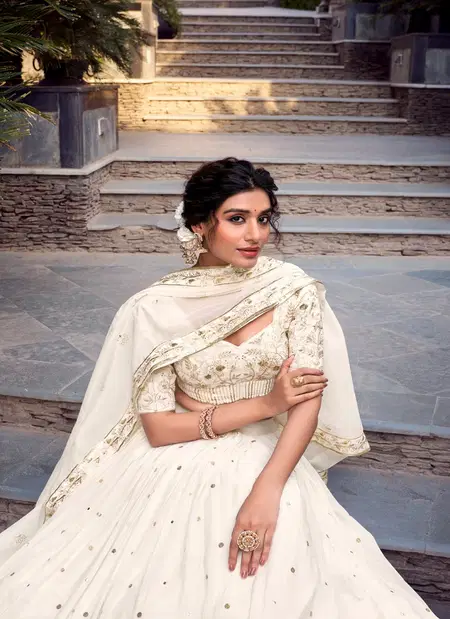 Off White Colour Silver Glosy Sequins And Embroidery With Foil Work Lehenga With Blouse Dupatta Navratri Collection LNB 1422